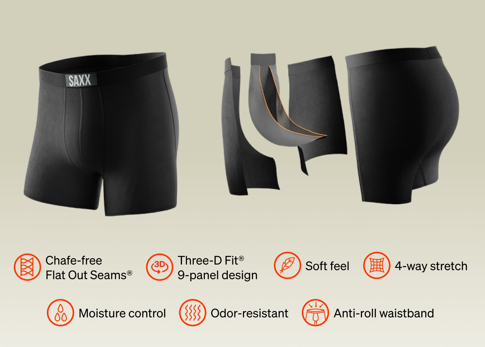 An image of a pair of black boxer briefs on the left. To the right the boxer briefs are opened out to show their construction.