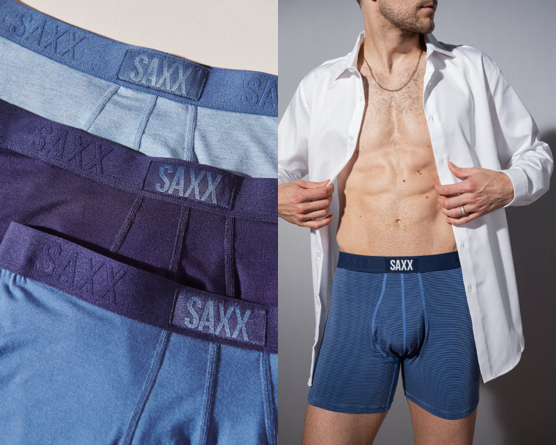 A closeup of a man wearing blue SAXX Boxer Briefs; a closeup of three pairs of blue SAXX Boxer Briefs folded.