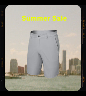 A snapshot of a clear blue sky with red SAXX 2N1 shorts overlaying the image along with the text "Summer Sale".