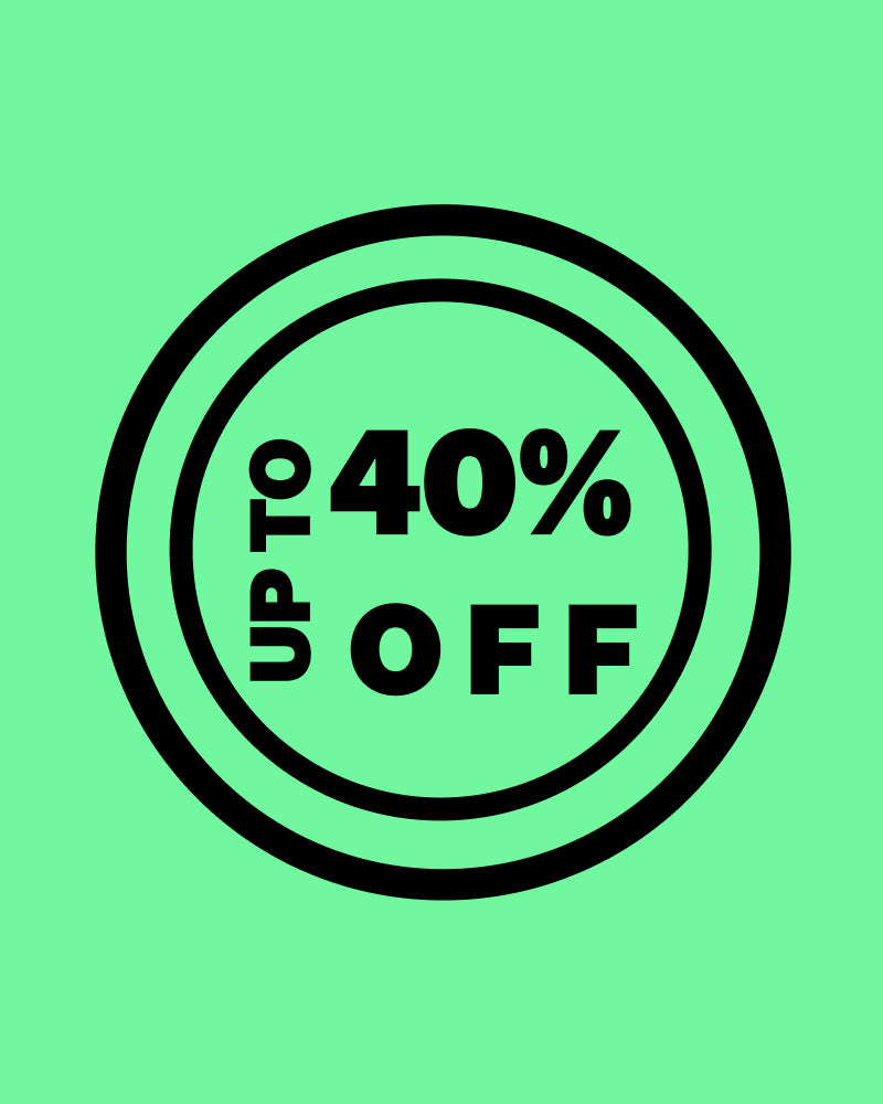 Green tile with a black circle and the text 'up to 40% off' at the top and the text 'Black Friday Sale: up to 40% off everything' at the bottom. 