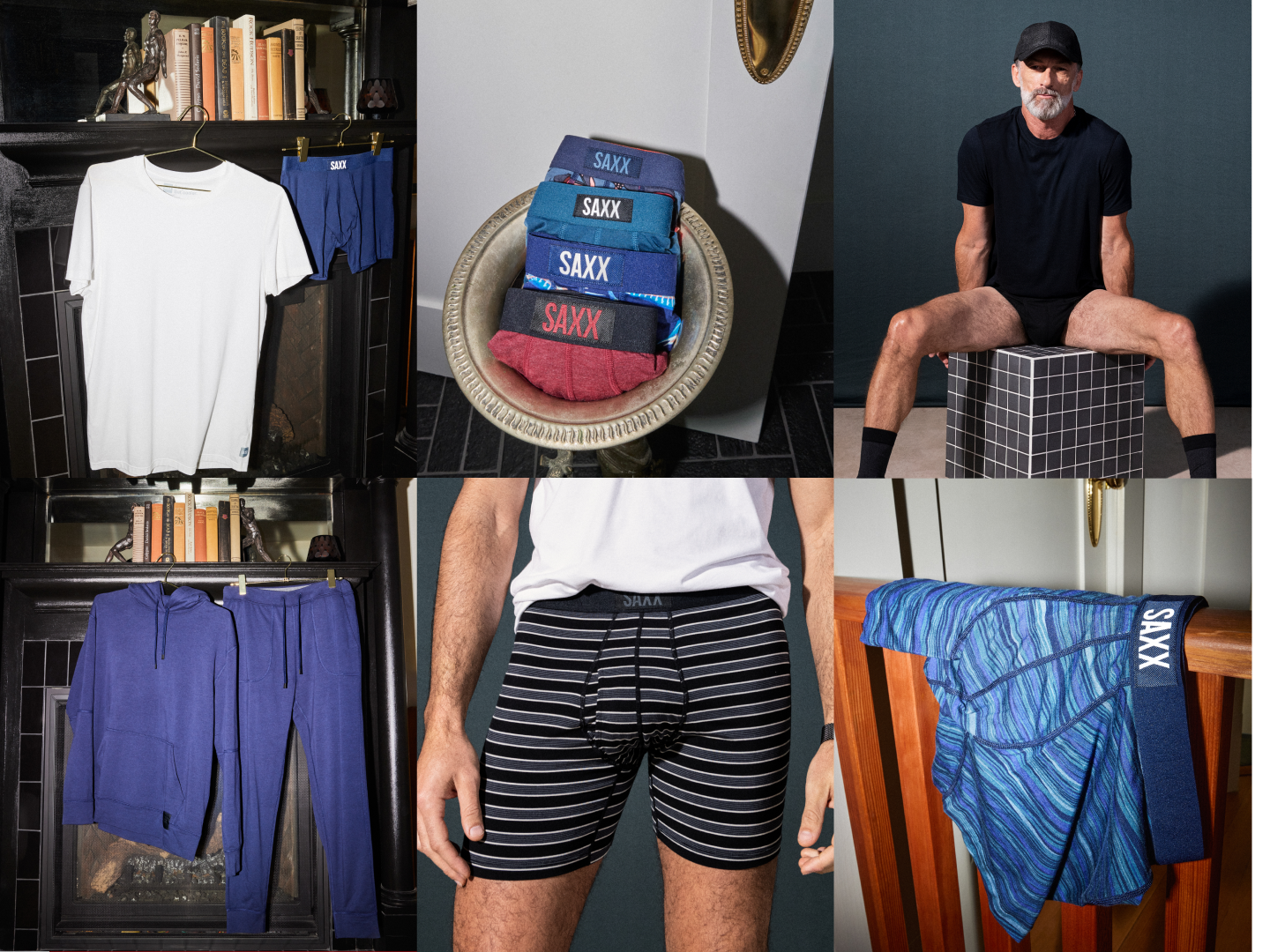 Banner with 6 images of various SAXX products, including Boxer Briefs, Tees, and Loungewear tops and bottoms.