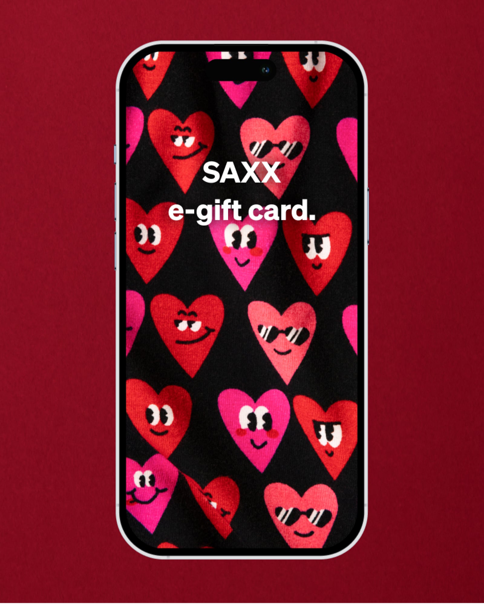 Iphone screen with smiley-faced heart pattern and text ‘SAXX e-gift card’ over a red background.