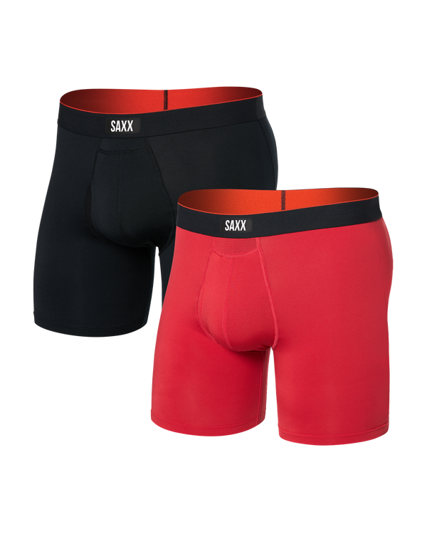 Front of Multi-Sport Mesh Boxer Brief Fly 2 Pack in Sunset Red/Black