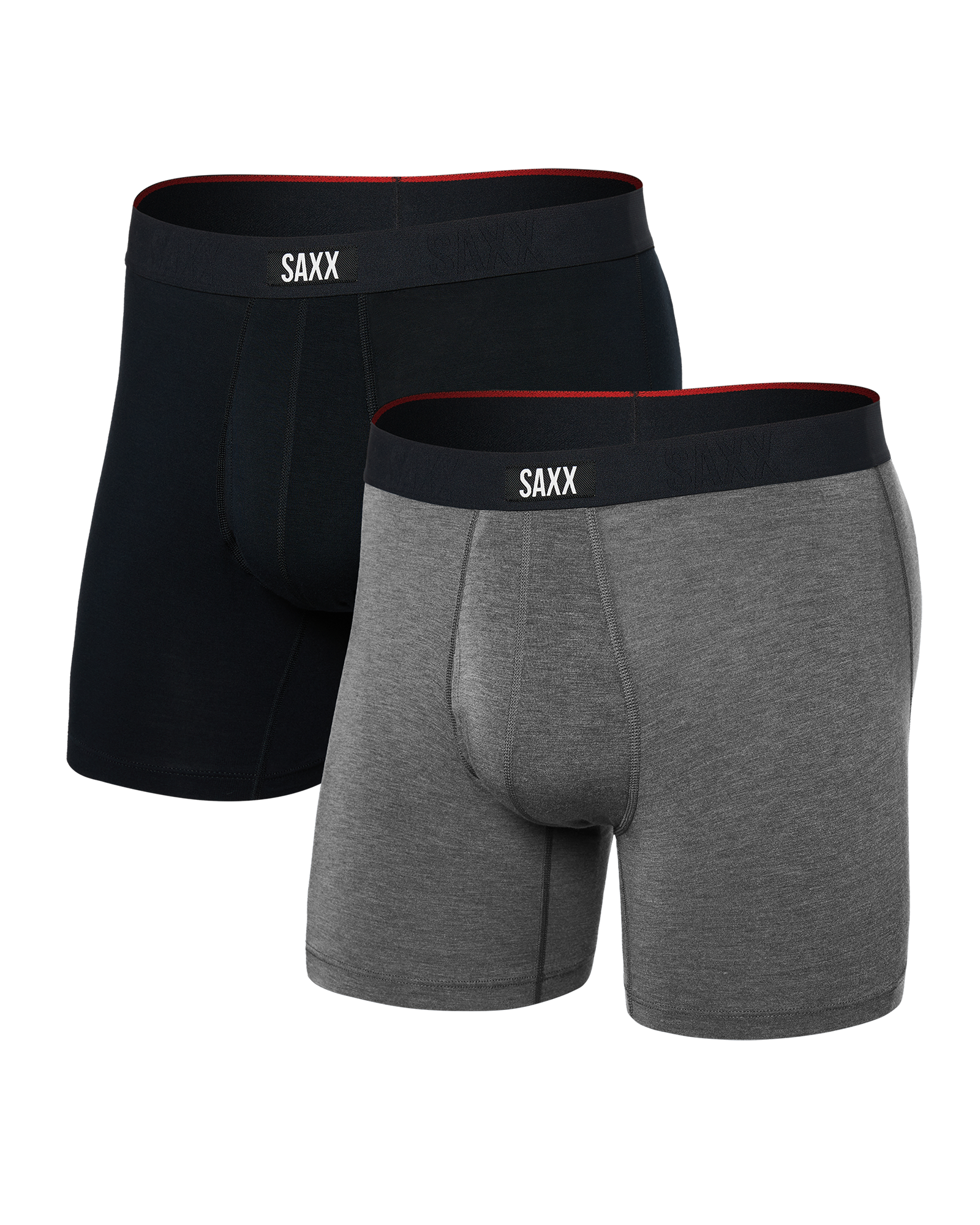 Front of Vibe Xtra Boxer Brief Fly 2 Pack in Black/Dark Grey Heather