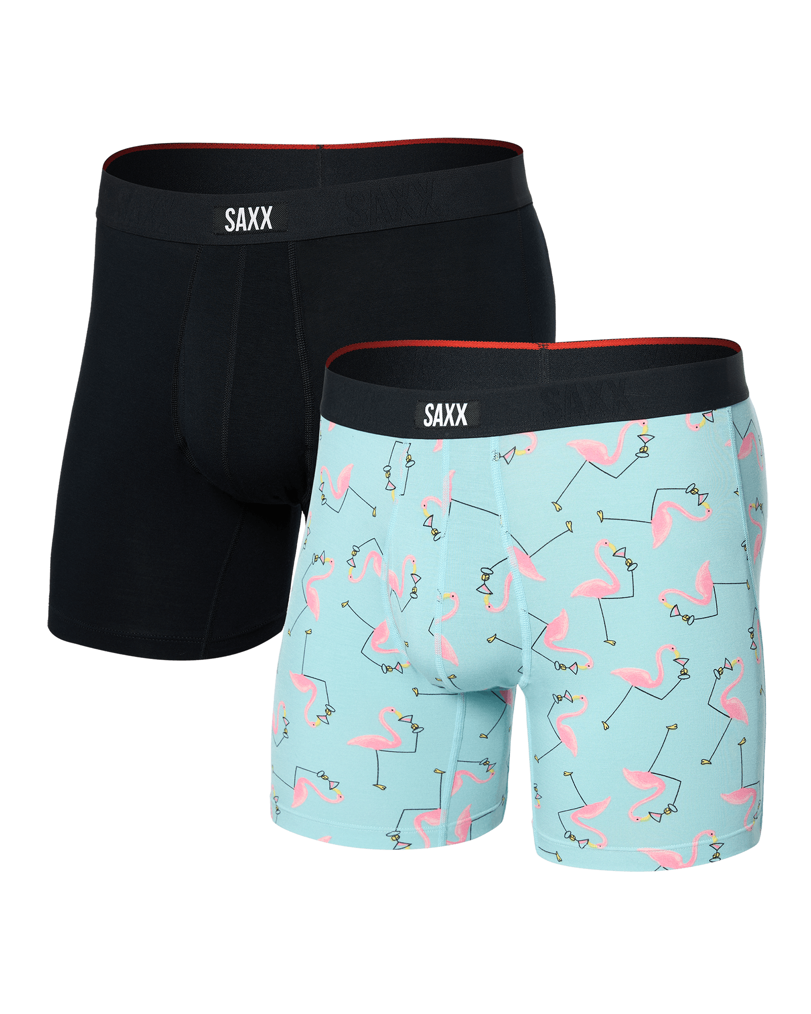 Front of Vibe Xtra Boxer Brief Fly 2 Pack in Drinko Flamingo/Black