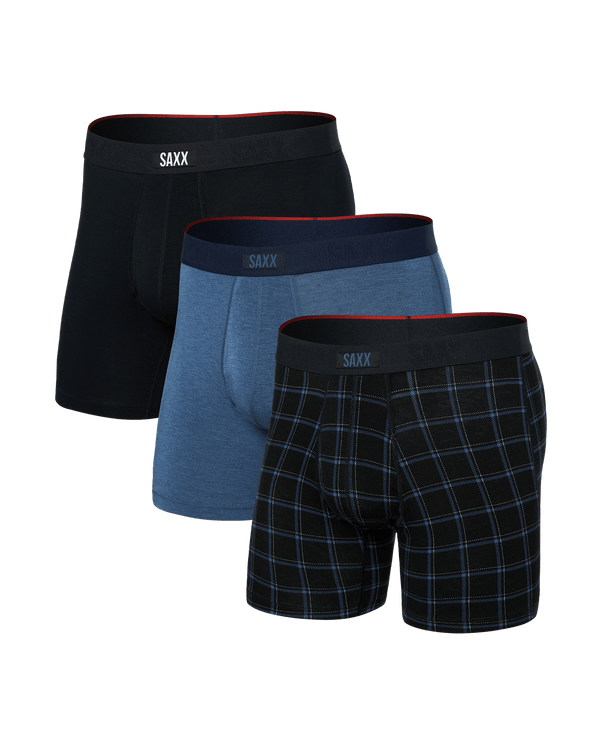 Front of Vibe Xtra (3 Pack) Boxer Brief in Windowpane/Dark Denim/Black