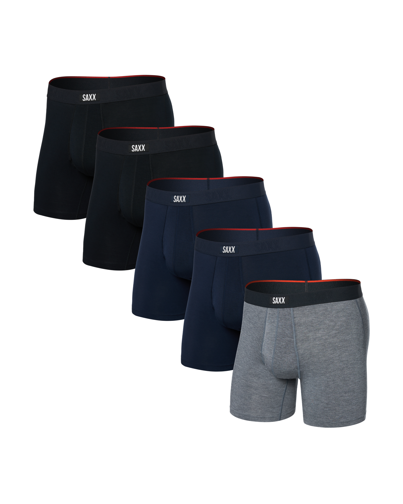 Front of Vibe Xtra Boxer Brief Fly 5 Pack in Black/Dark Grey Heather/Navy