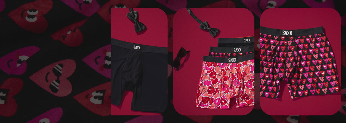 Three frames moving right to left featuring Valentine’s Day themed SAXX underwear over red backdrop.