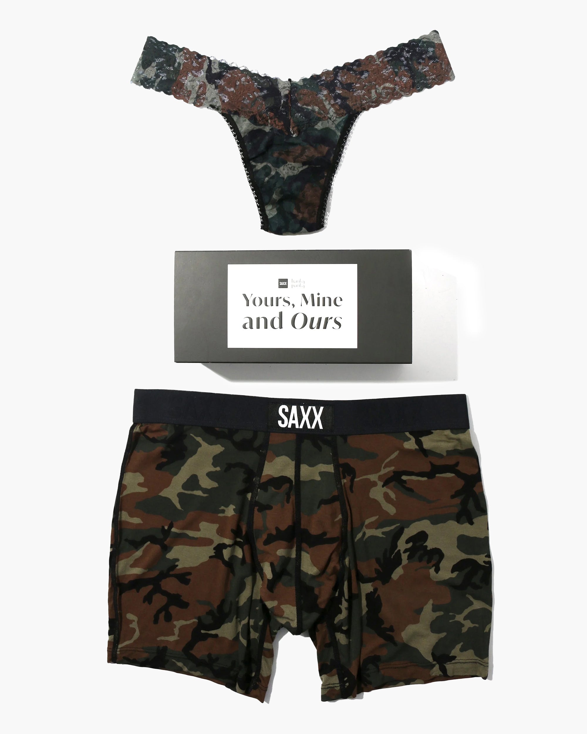 SAXX Vibe Boxer Brief and Hanky Panky Low Rise Thong in Woodland Camo
