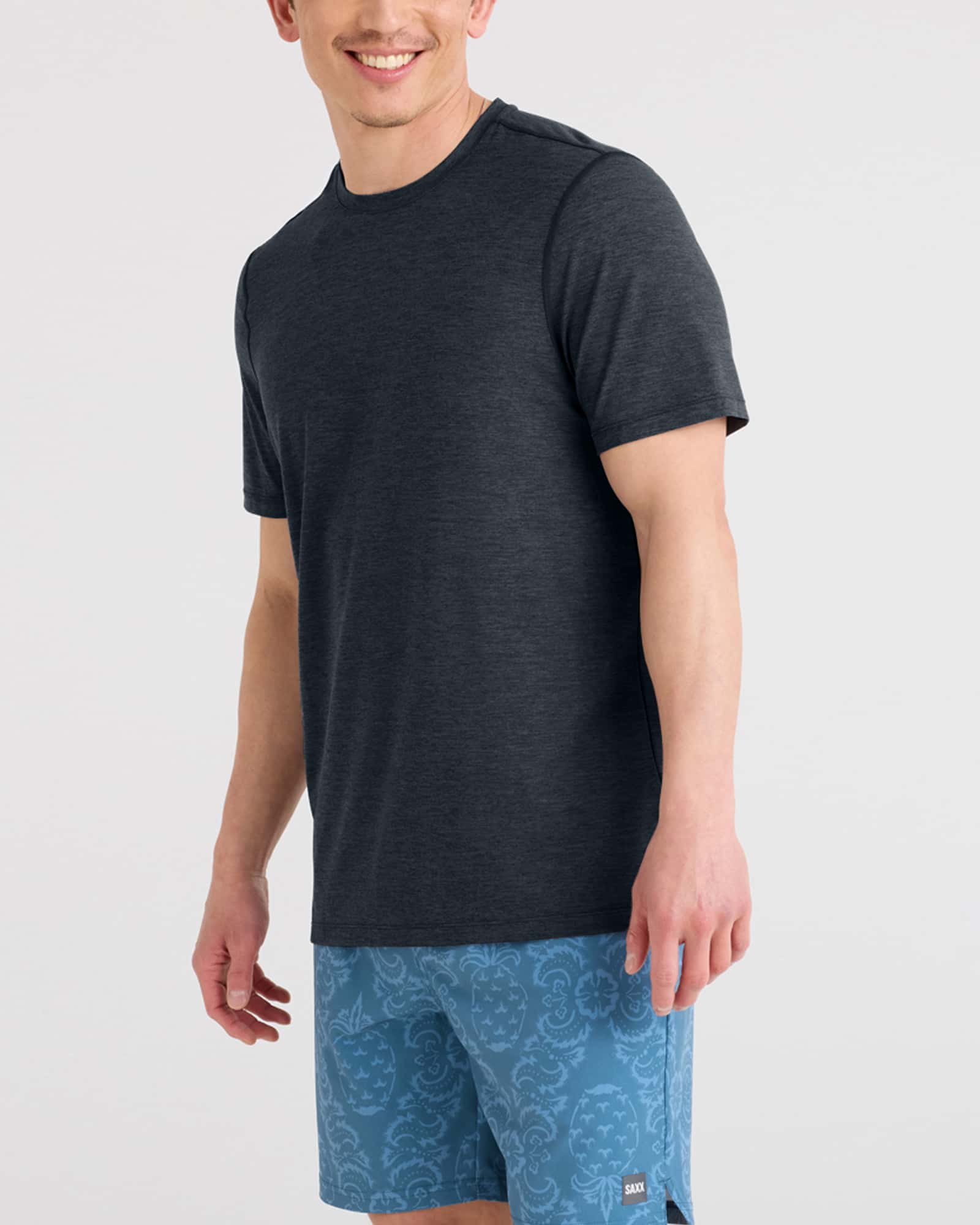 Front - Model wearing Droptemp All Day Cooling Short Sleeve Tee in Turbulence Heather