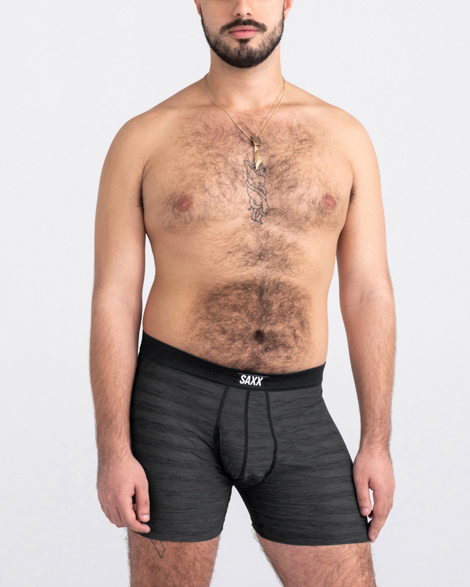 Front - Model wearing Droptemp Cooling Mesh Boxer Brief Fly in Black Heather