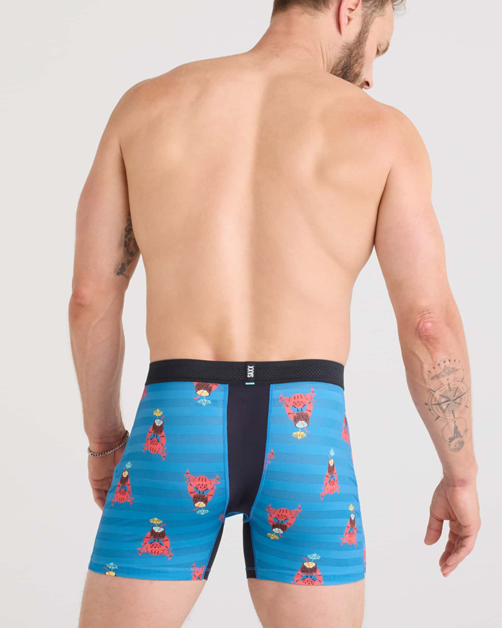 Back - Model wearing Droptemp Cooling Mesh Boxer Brief Fly in Crab Cocktail-Lake Blue