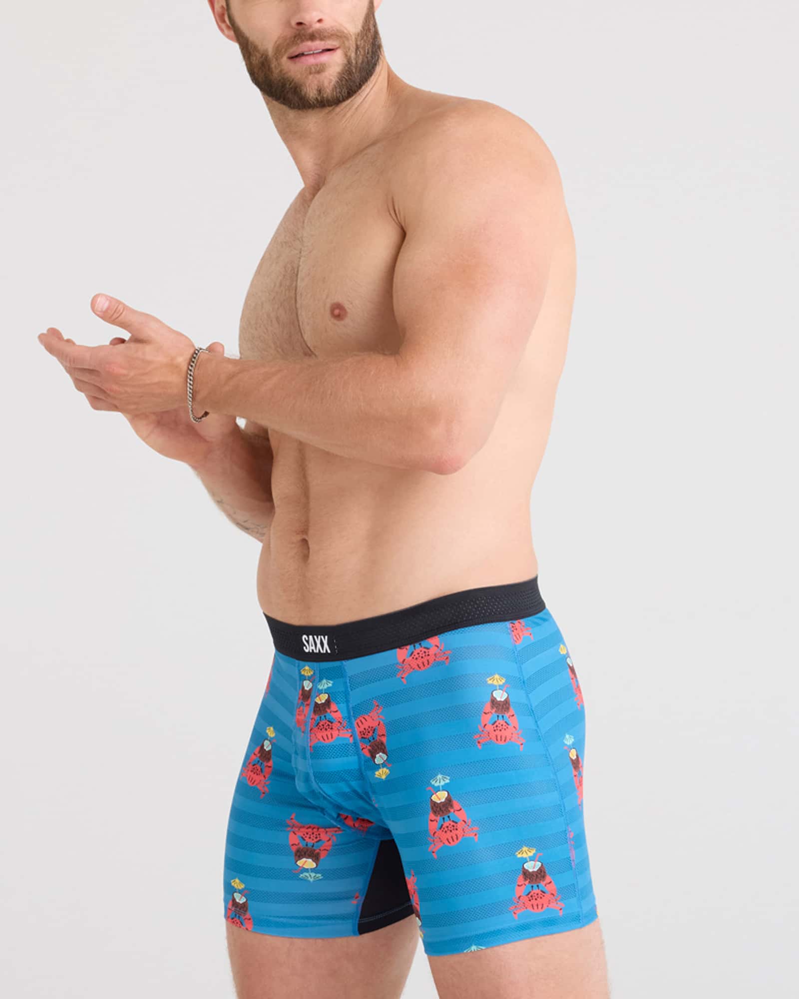 Front - Model wearing Droptemp Cooling Mesh Boxer Brief Fly in Crab Cocktail-Lake Blue