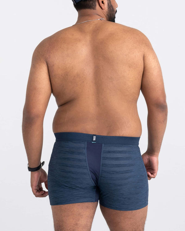 Back - Model wearing Droptemp Cooling Mesh Boxer Brief Fly in Dark Denim Heather