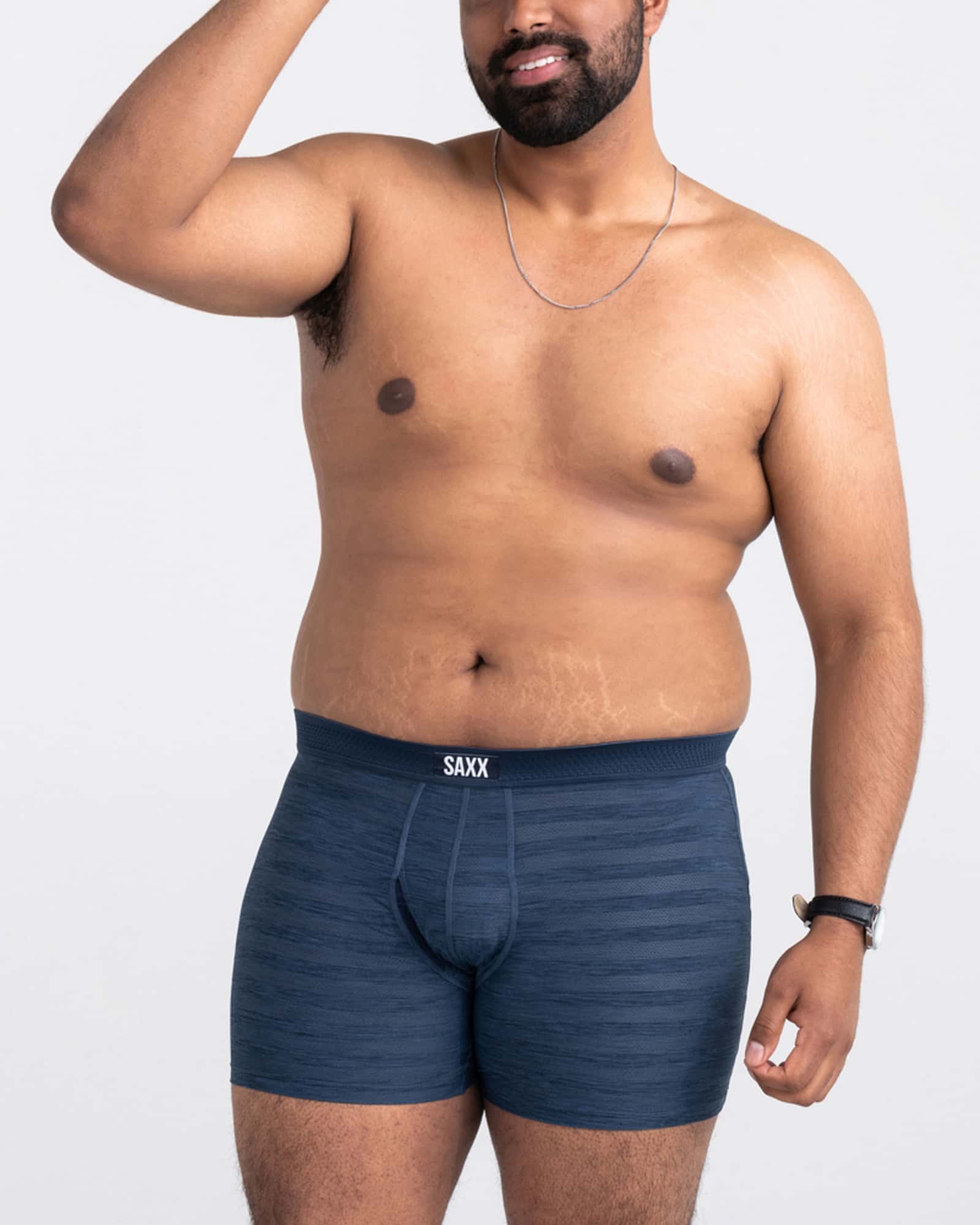 Front - Model wearing Droptemp Cooling Mesh Boxer Brief Fly in Dark Denim Heather