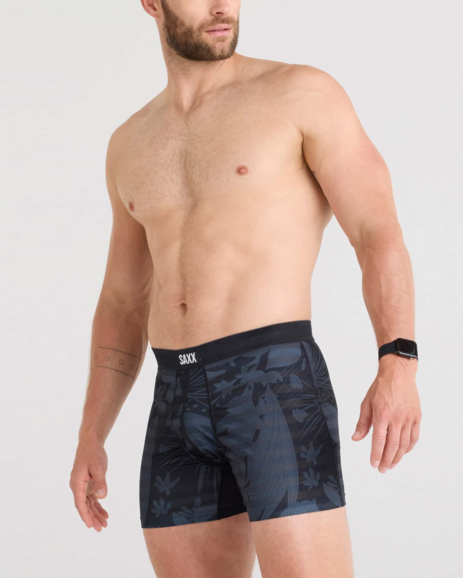 Front - Model wearing Droptemp Cooling Mesh Boxer Brief Fly in Jungle Noir-Black