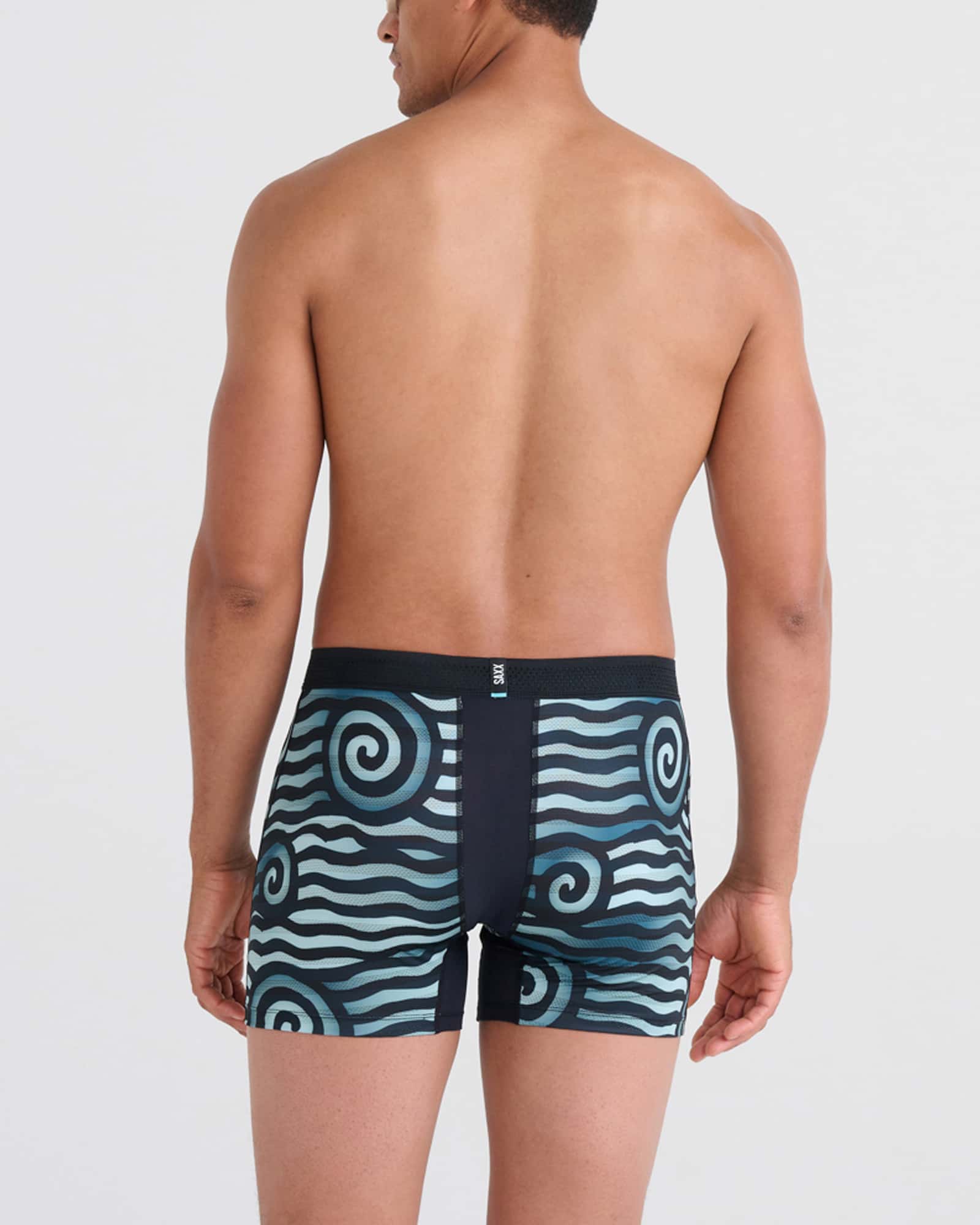 Back - Model wearing Droptemp Cooling Mesh Boxer Brief Fly in Rip Tide Stripe- Navy Blue