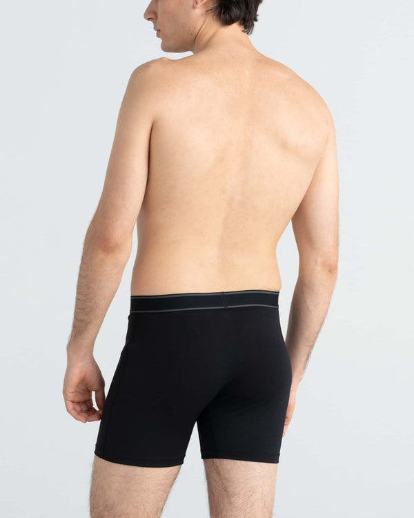 Back - Model wearing Daytripper Boxer Brief Fly 7Pk in Black/Grey/Navy