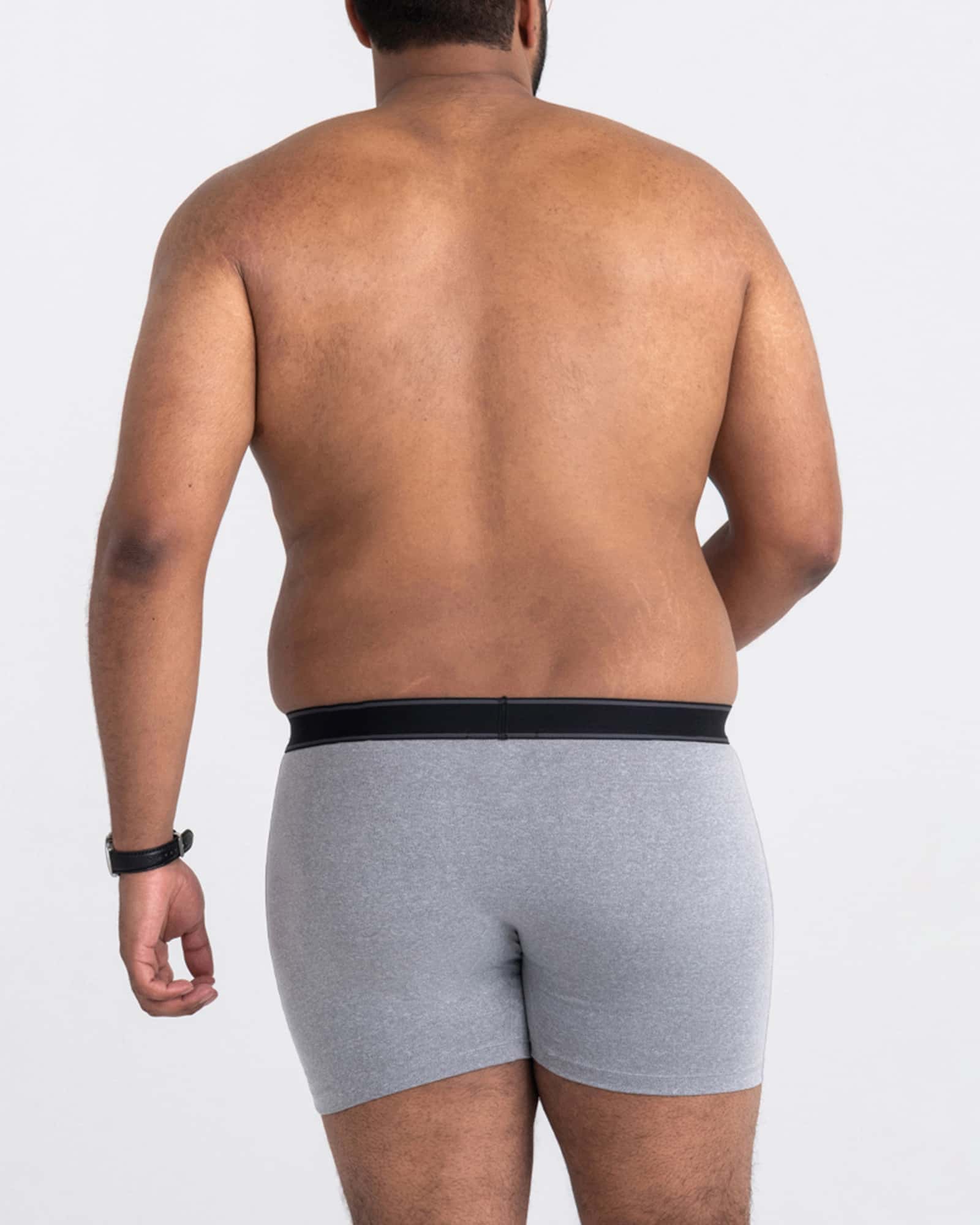 Back - Model wearing Daytripper Boxer Brief Fly 3Pk in Black/Graphite/Grey Heather