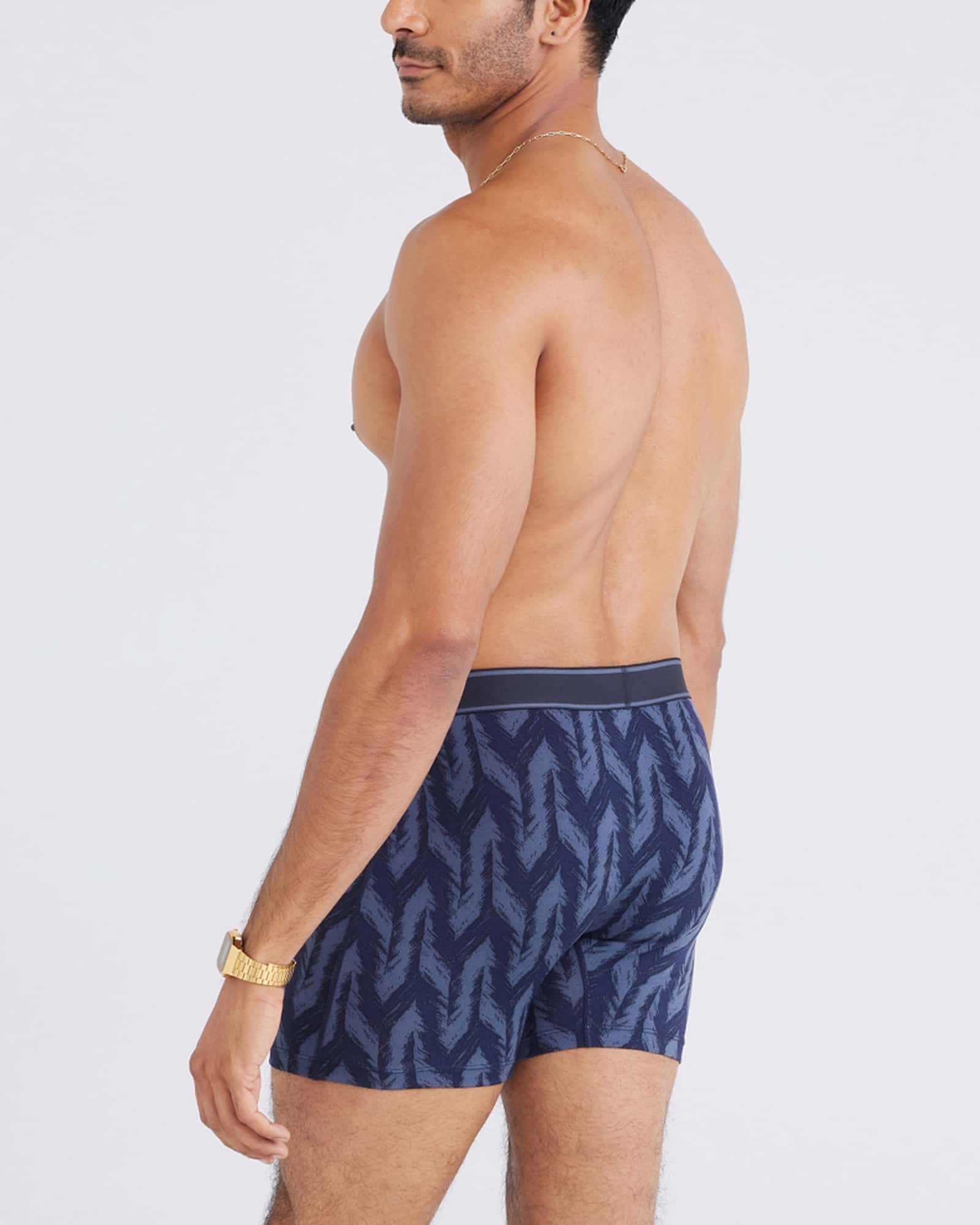 Back - Model wearing Daytripper Boxer Brief Fly in Ikat Chevron-Deep Navy