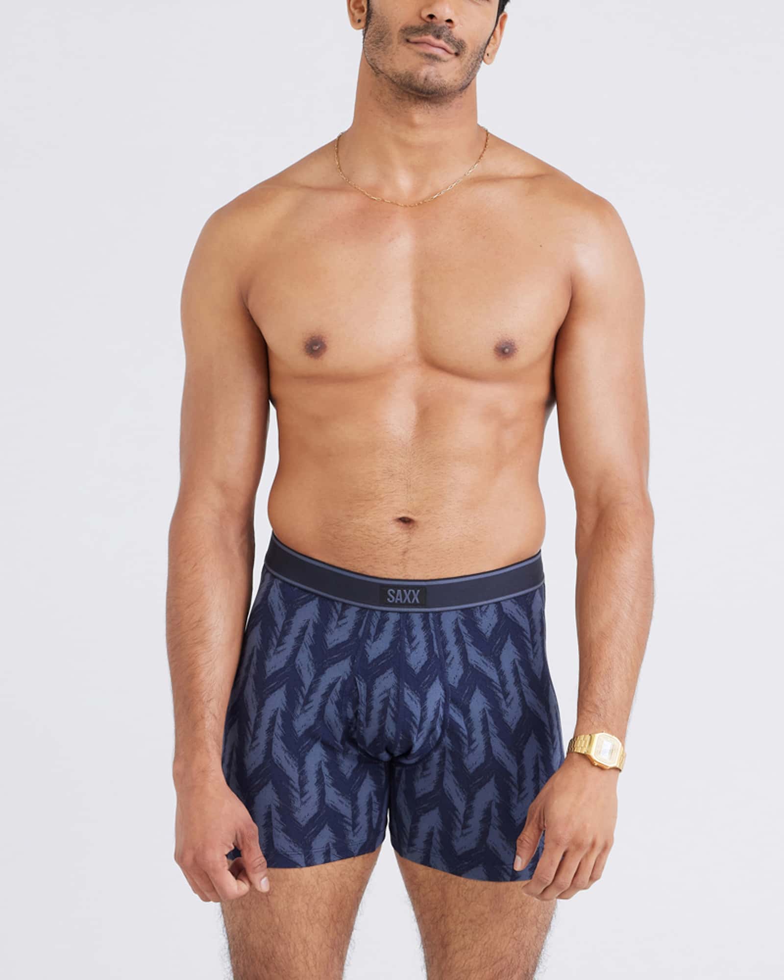 Front - Model wearing Daytripper Boxer Brief Fly in Ikat Chevron-Deep Navy