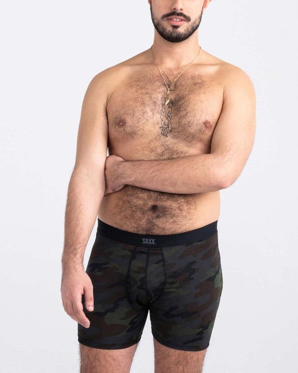 Front - Model wearing Daytripper Boxer Brief Fly in Black Ops Camo