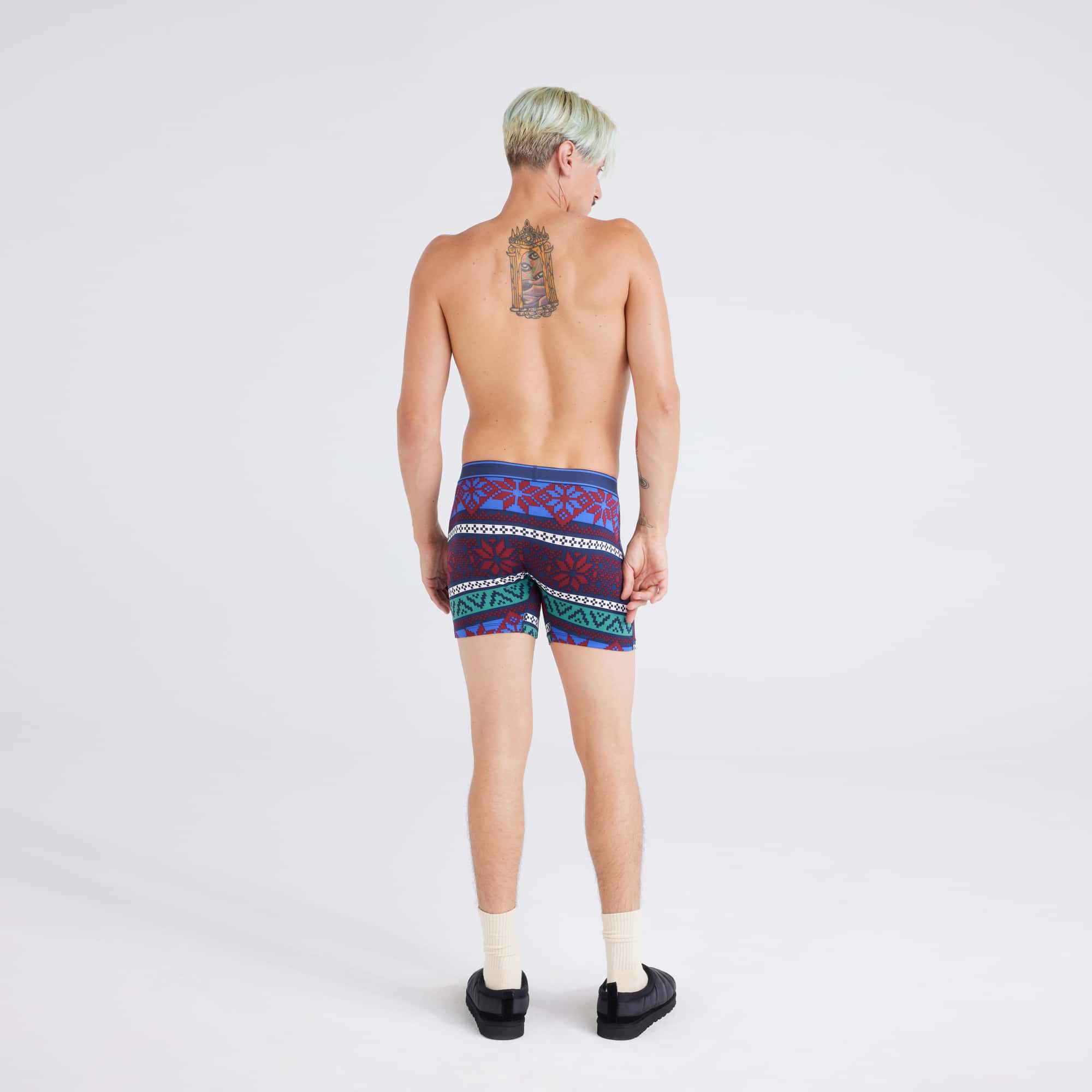 Back - Model wearing Daytripper Boxer Brief in Techno Snow-Multi