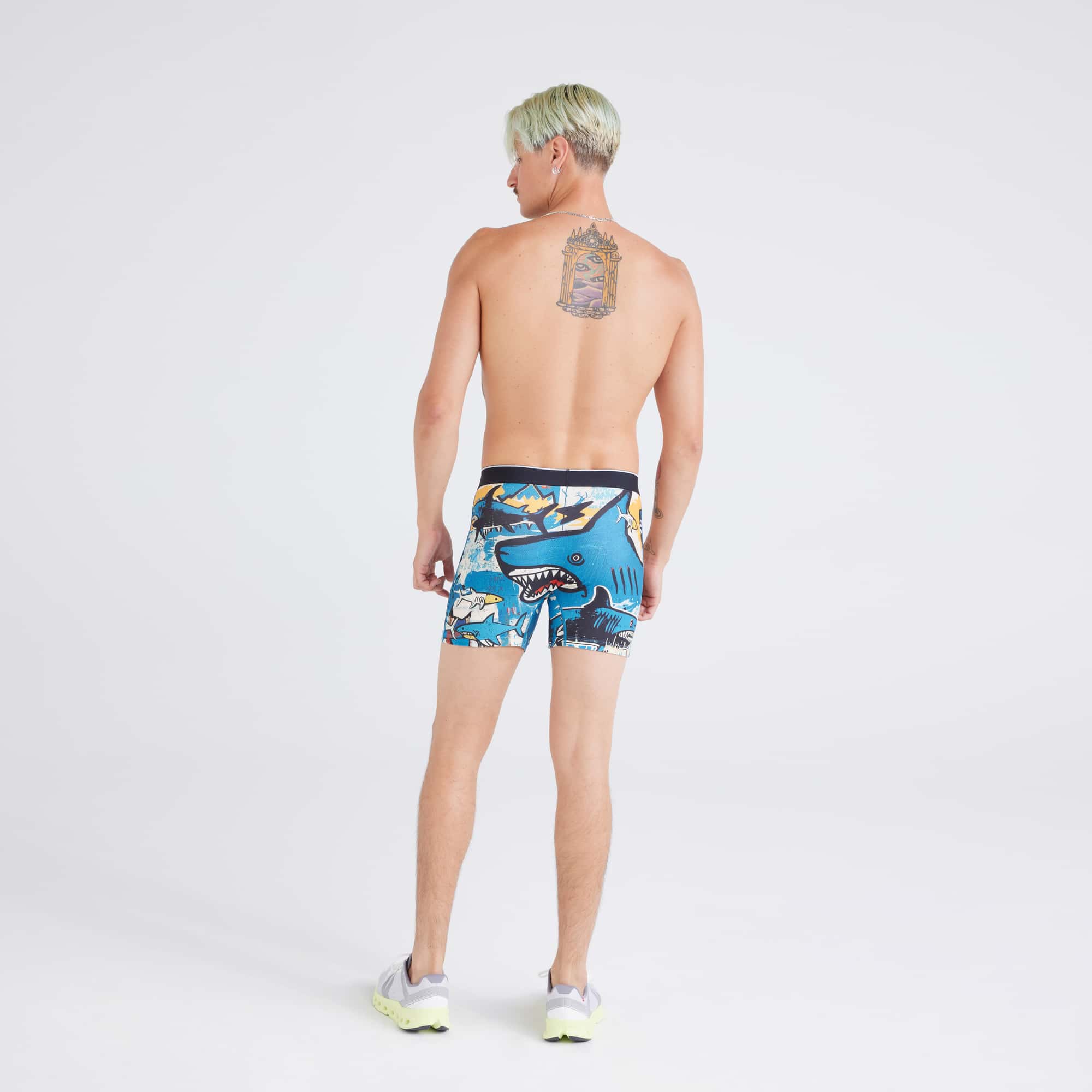 Back - Model wearing Volt Breathable Mesh Boxer Brief in Shark Street-Blue