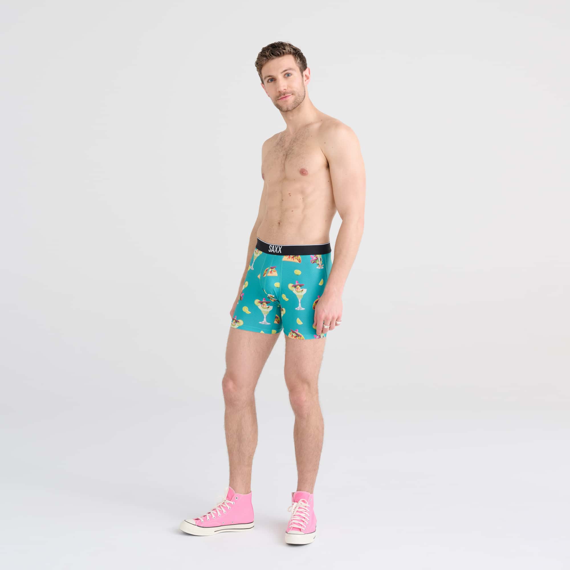 Front - Model wearing Volt Boxer Brief in Senor Treefrogz- Baltic