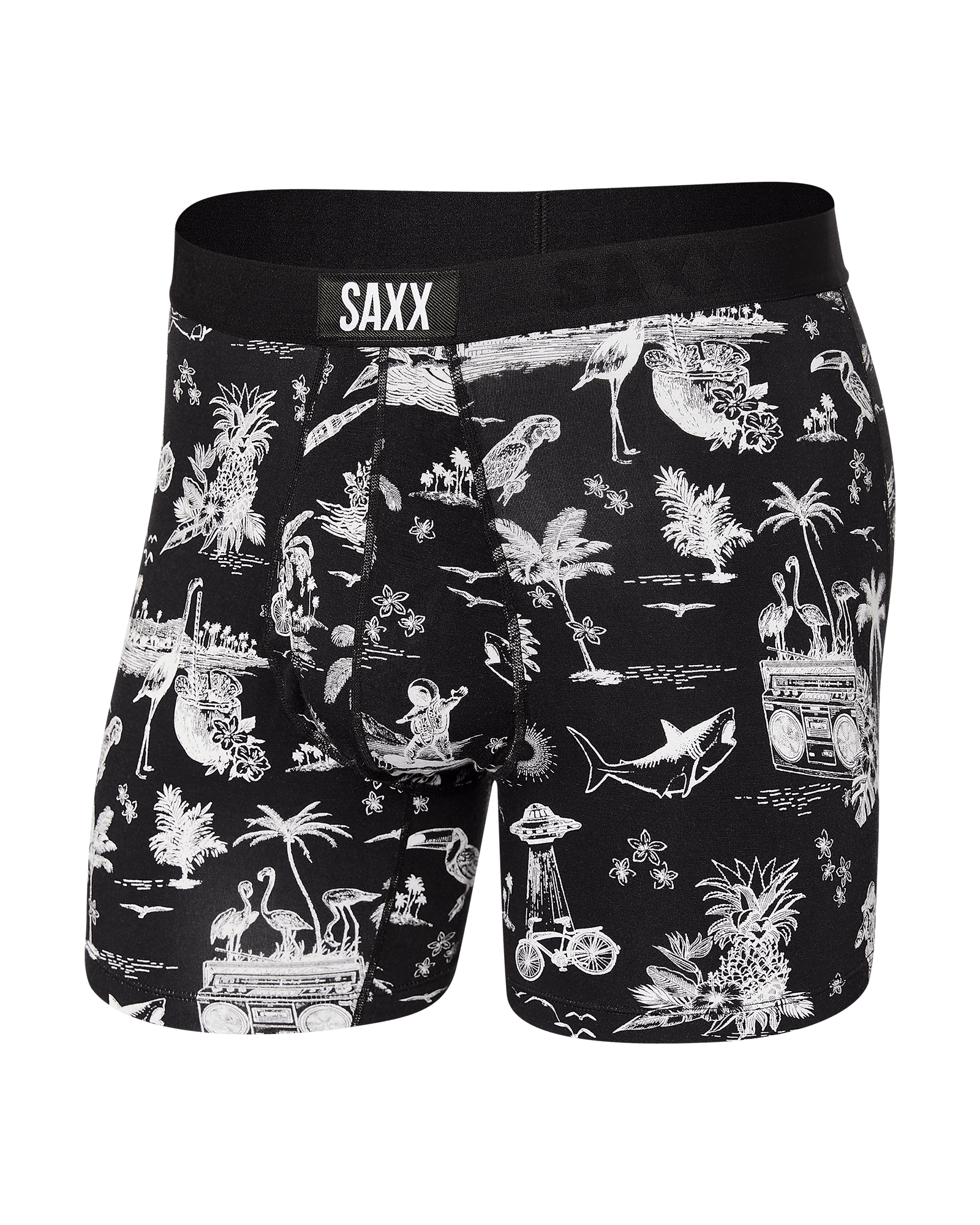 Front of Ultra Boxer Brief Fly in Black Astro Surf And Turf