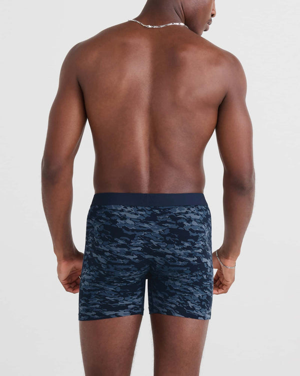 Back - Model wearing Ultra Super Soft Boxer Brief Fly in Basin Camo- Navy