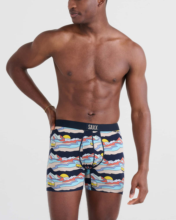 Front - Model wearing Ultra Super Soft Boxer Brief Fly in Cabin Fever- Multi