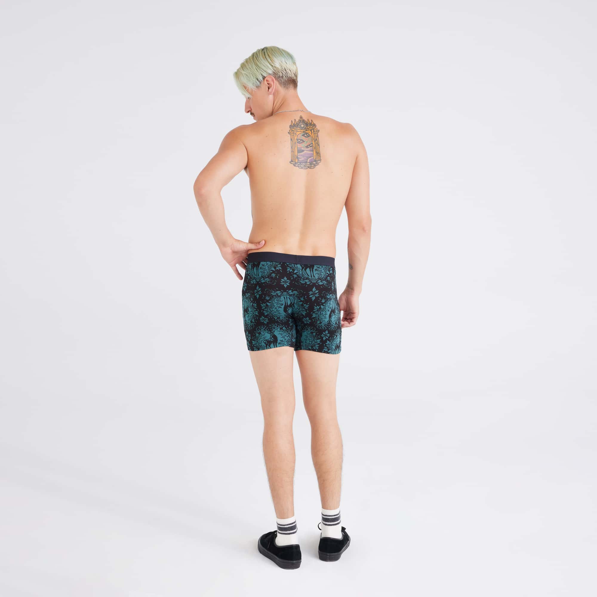 Back - Model wearing Ultra Super Soft Boxer Brief in Deer Damask-Black