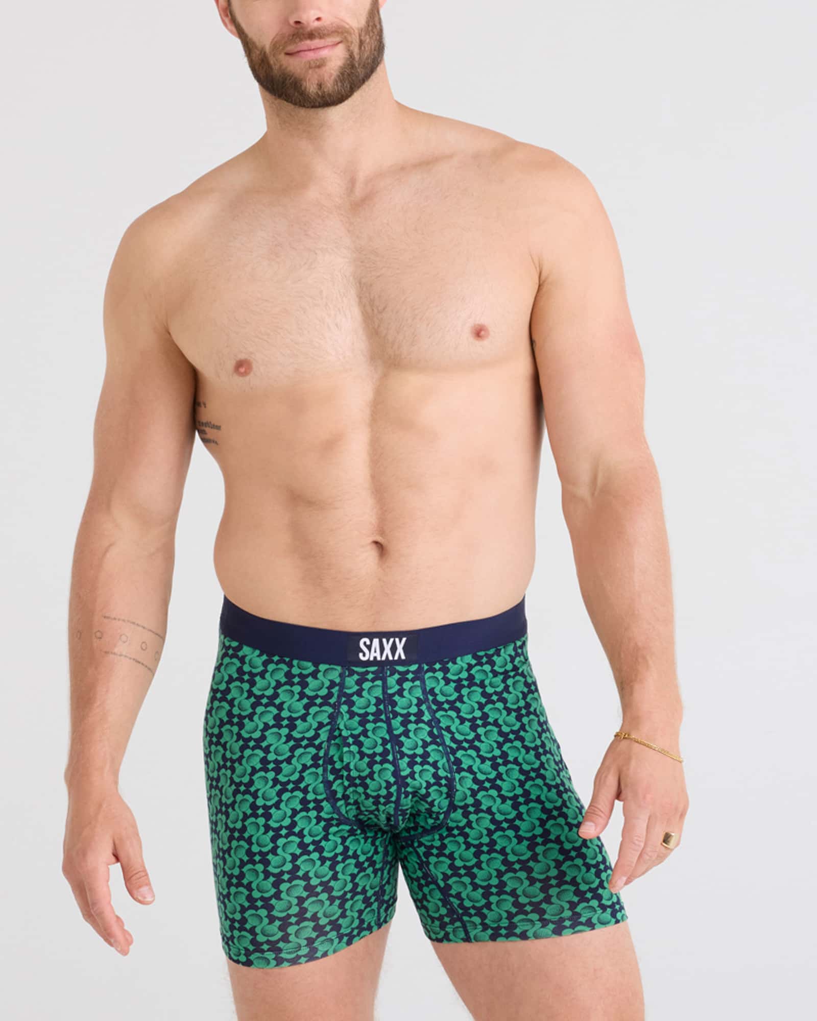 Front - Model wearing Ultra Super Soft Boxer Brief Fly in Fab Fresh Balls-Maritime