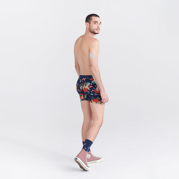 Back - Model wearing Ultra Super Soft Boxer Brief Fly in Hawaiian Pizza- Navy