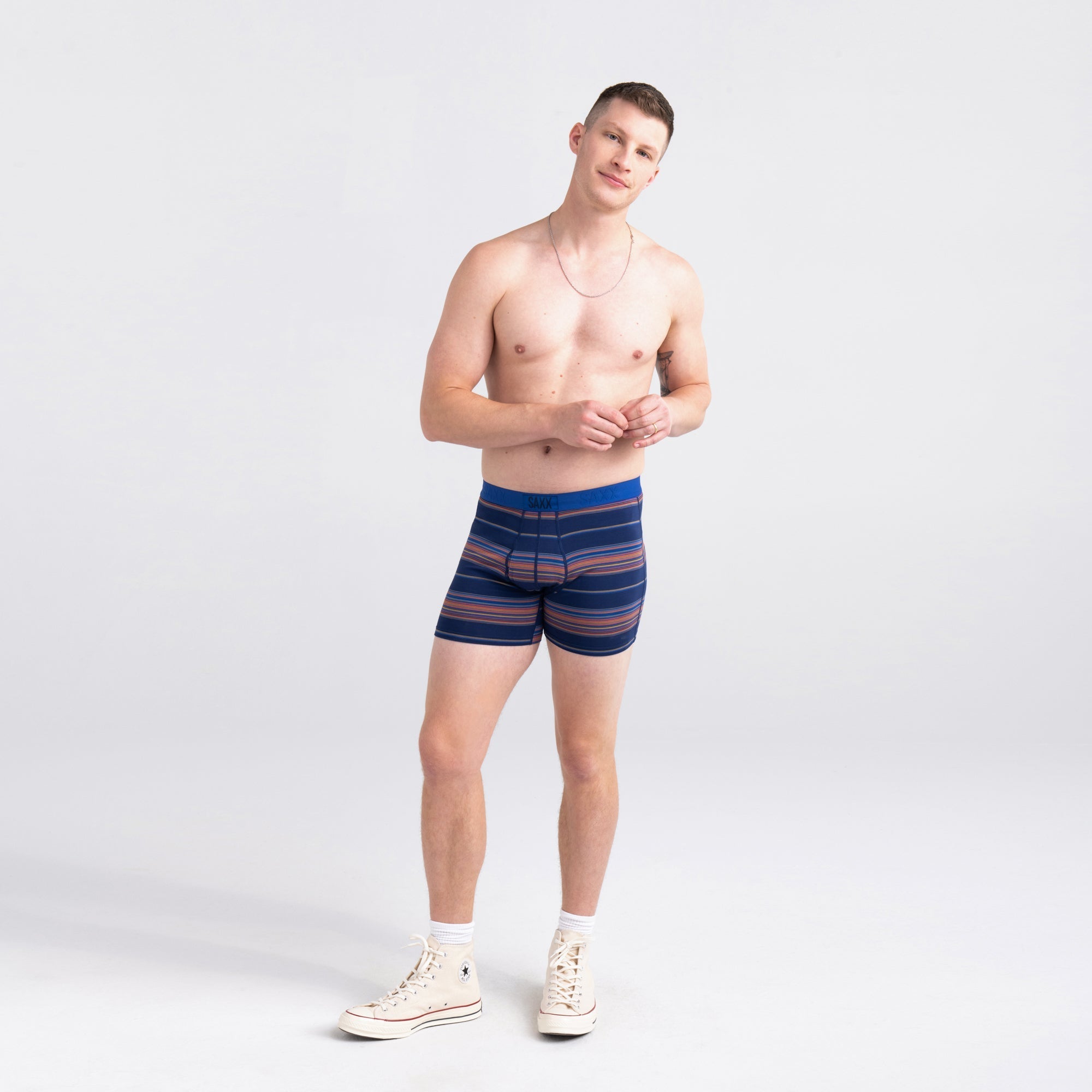 Front - Model wearing Ultra Super Soft Boxer Brief in Horizon Stripe- Navy