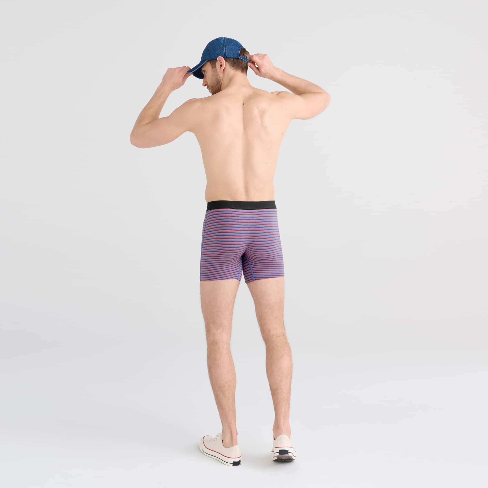 Back - Model wearing Ultra Boxer Brief in Micro Stripe- Coral Pop