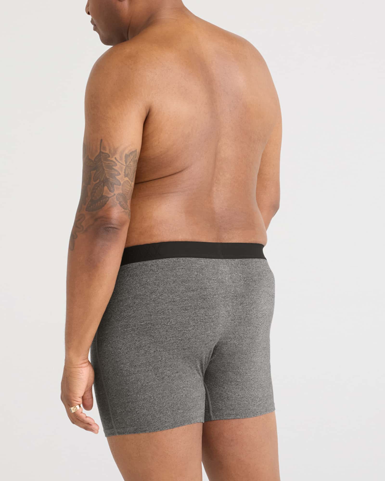 Back - Model wearing Ultra Super Soft Boxer Brief Fly in Salt & Pepper