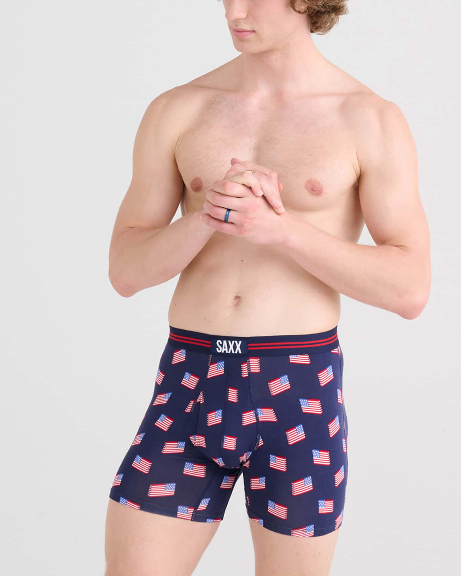 Front - Model wearing Ultra Super Soft Boxer Brief Fly in Stars And Stripes- Navy