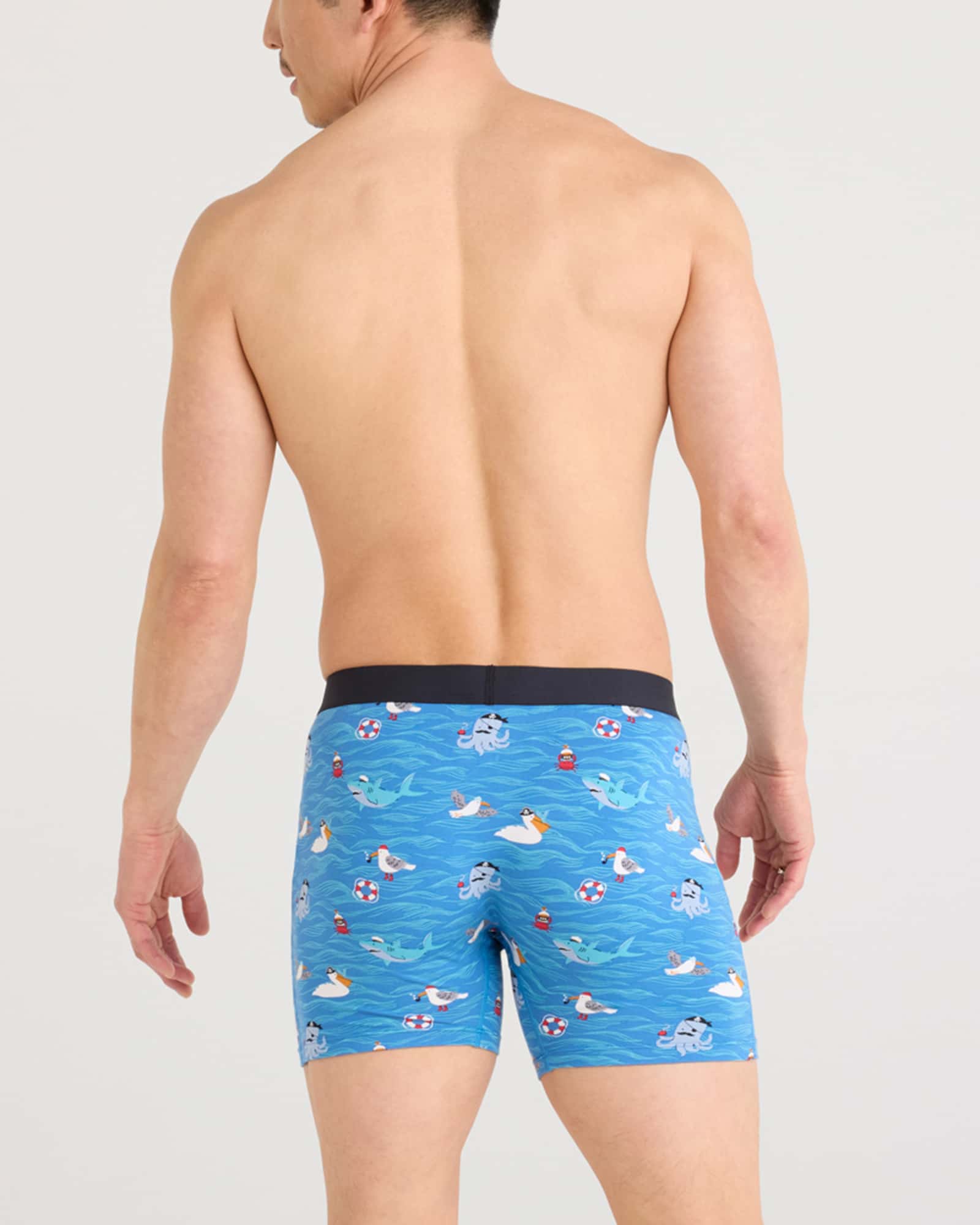 Back - Model wearing Ultra Super Soft Boxer Brief Fly in Seas The Day-Lake Blue