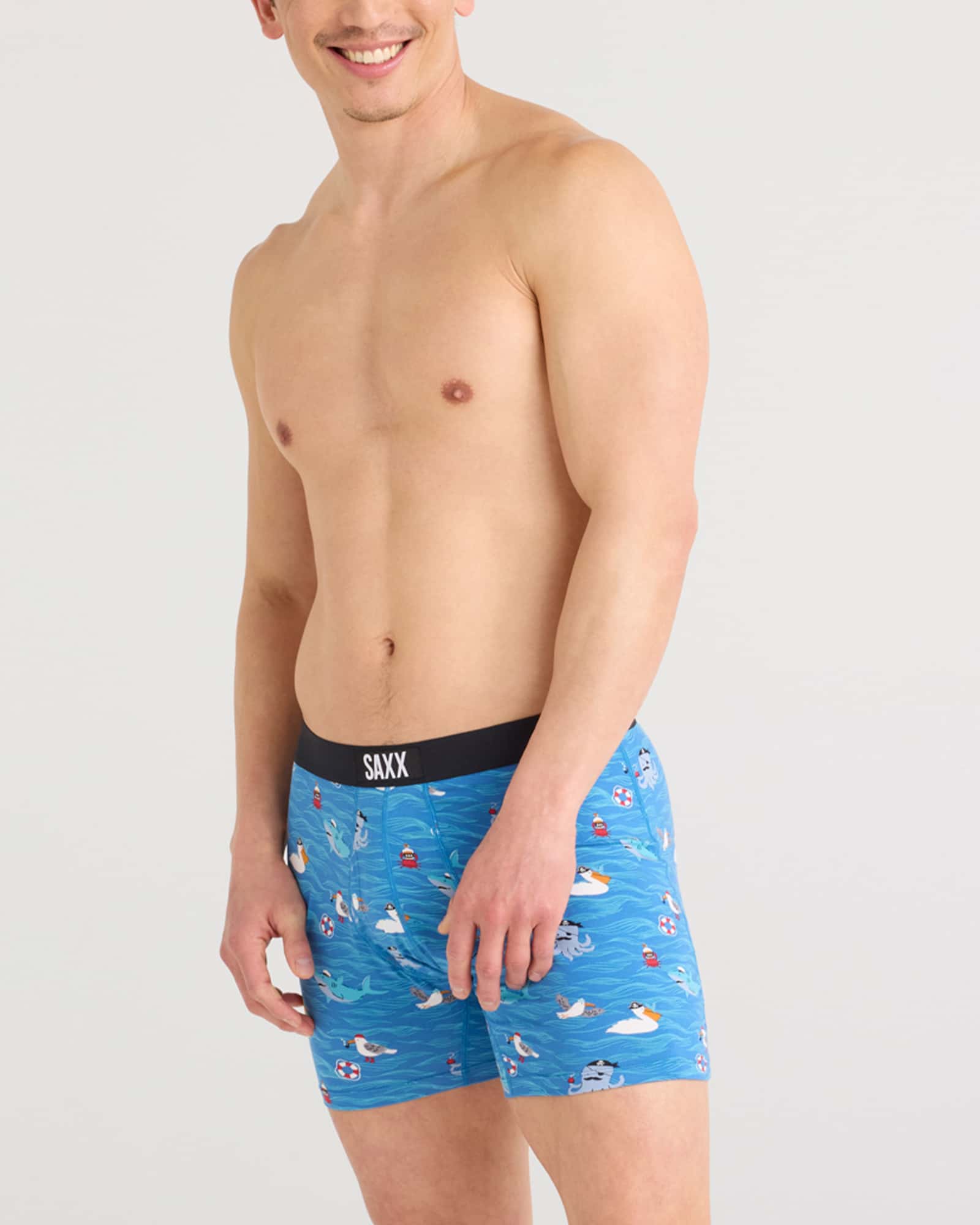 Front - Model wearing Ultra Super Soft Boxer Brief Fly in Seas The Day-Lake Blue