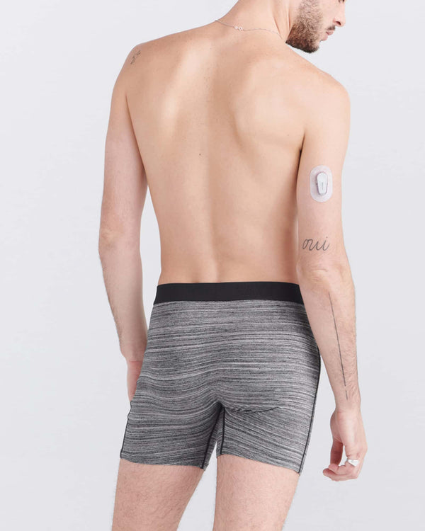 Back - Model wearing Ultra Super Soft Boxer Brief Fly in Spacedye Heather- Grey