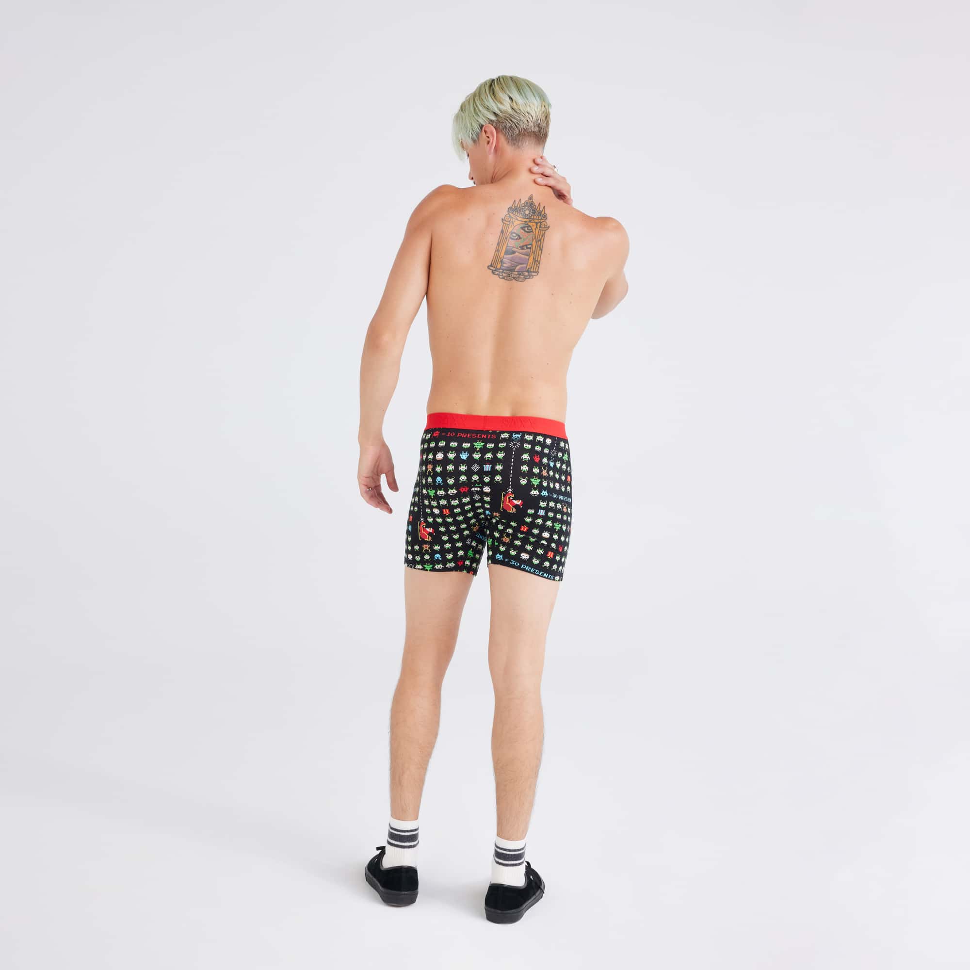 Back - Model wearing Ultra Super Soft Boxer Brief in Sleigh Invaders-Black