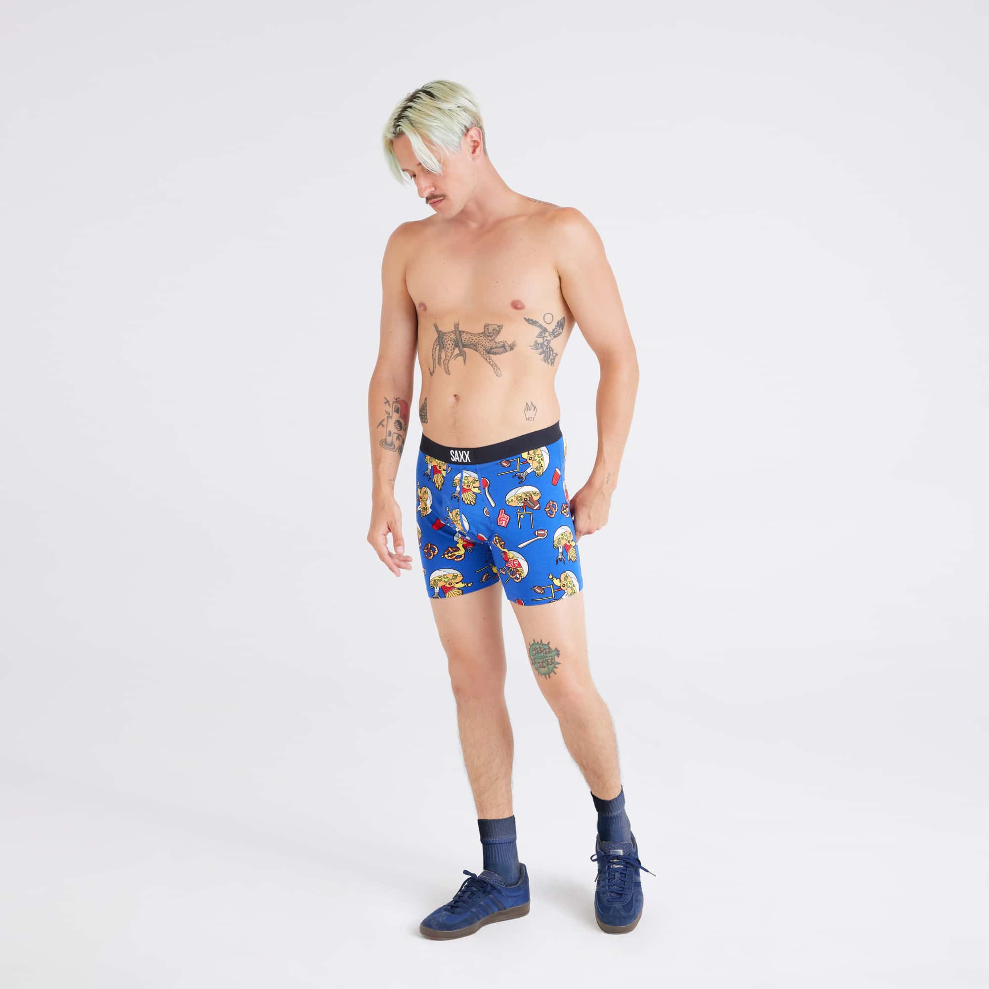 Front - Model wearing  Ultra Super Soft Boxer Brief in Souper Bowl-Cobalt