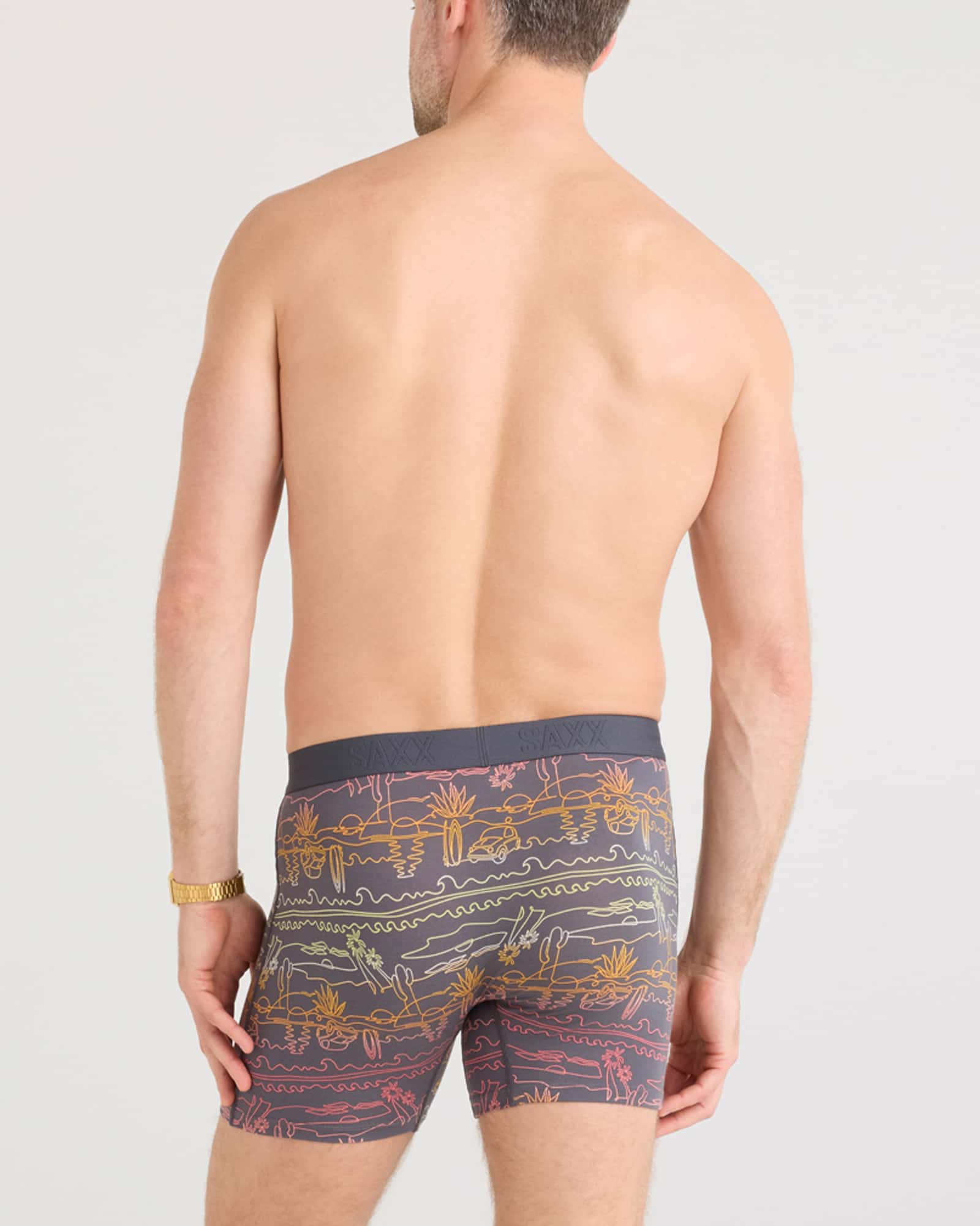 Back - Model wearing Ultra Super Soft Boxer Brief Fly in Summer Roadtrip-Ebony