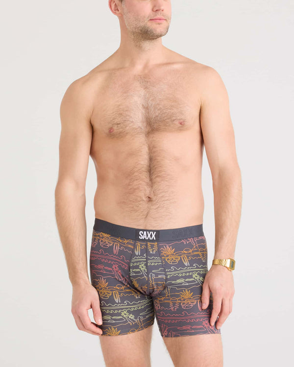 Front - Model wearing Ultra Super Soft Boxer Brief Fly in Summer Roadtrip-Ebony