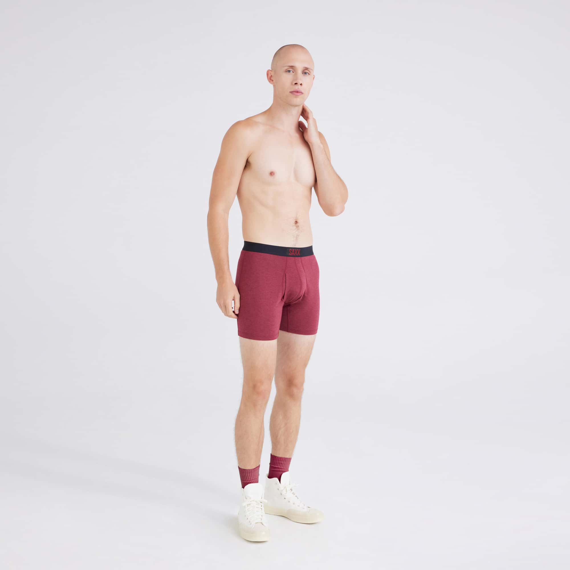 Front - Model wearing  Ultra Super Soft Boxer Brief in Tibetan Red Heather