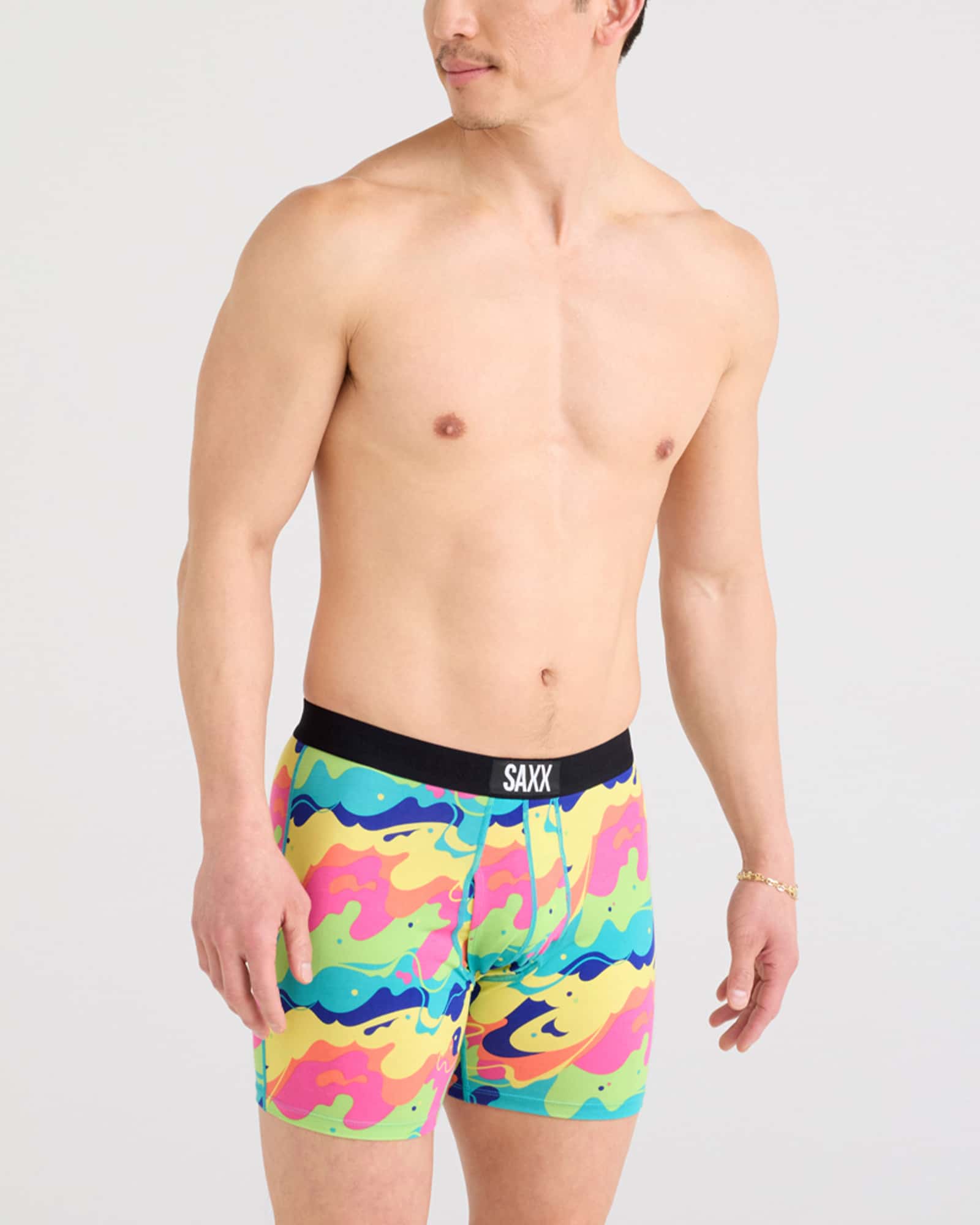 Front - Model wearing Ultra Super Soft Boxer Brief Fly in Yes To That-Multi