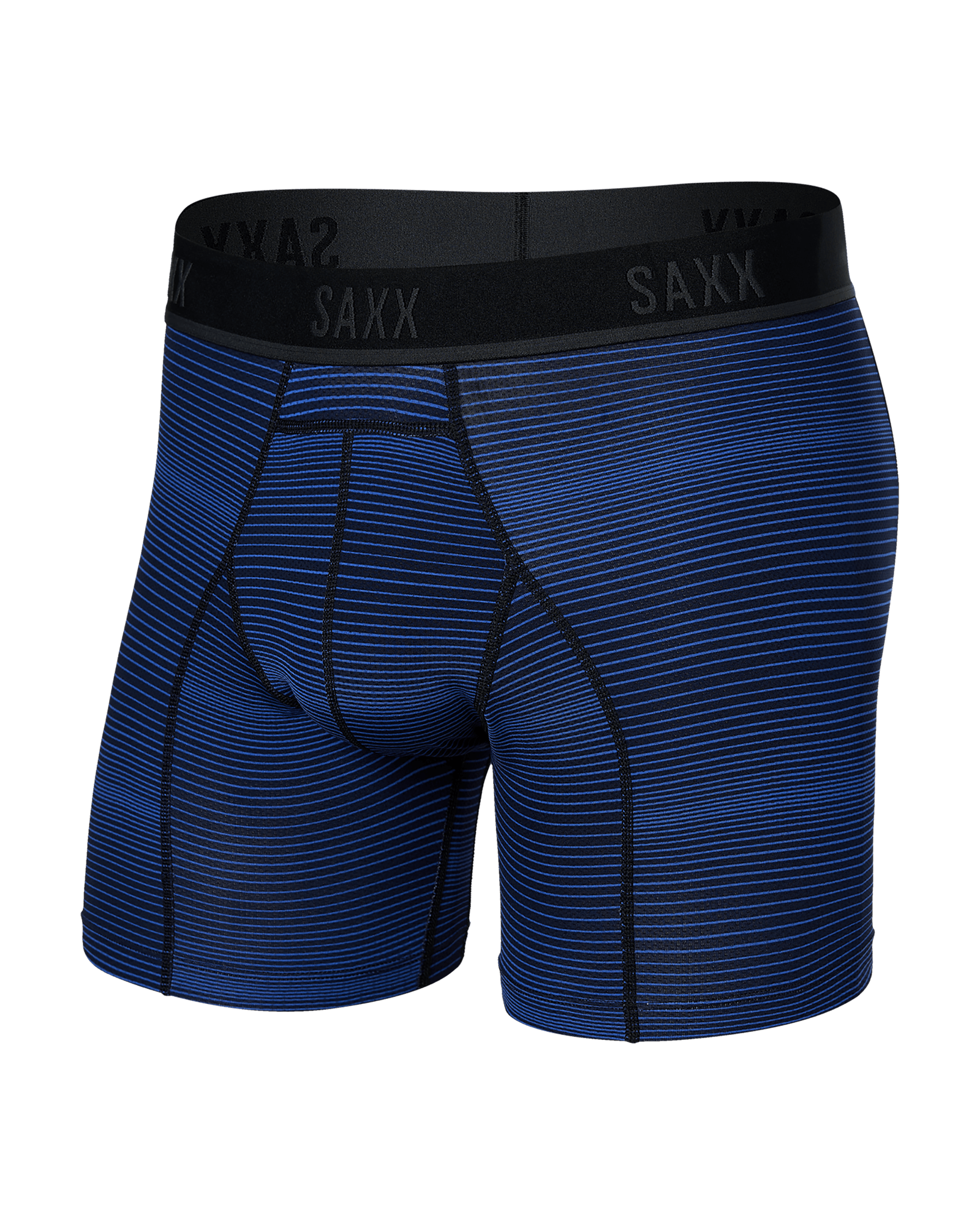 Front of Kinetic Light-Compression Mesh Boxer Brief in Variegated Stripe- Blue