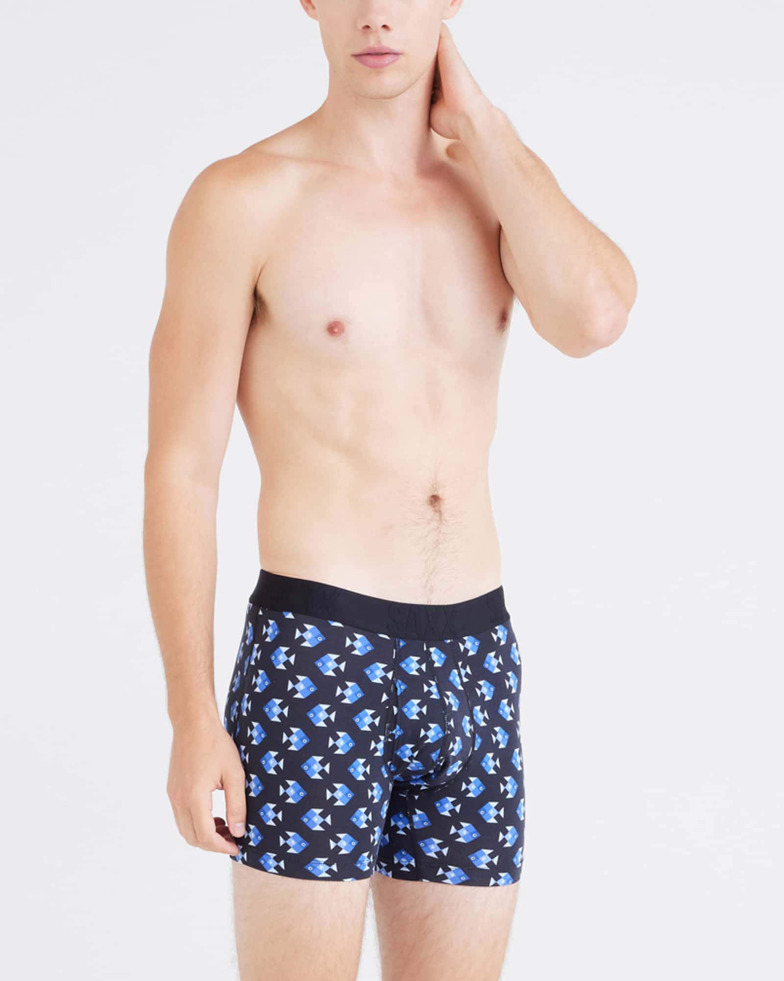 Front - Model wearing Droptemp Cooling Cotton Boxer Brief Fly in Aquatic Check-Black